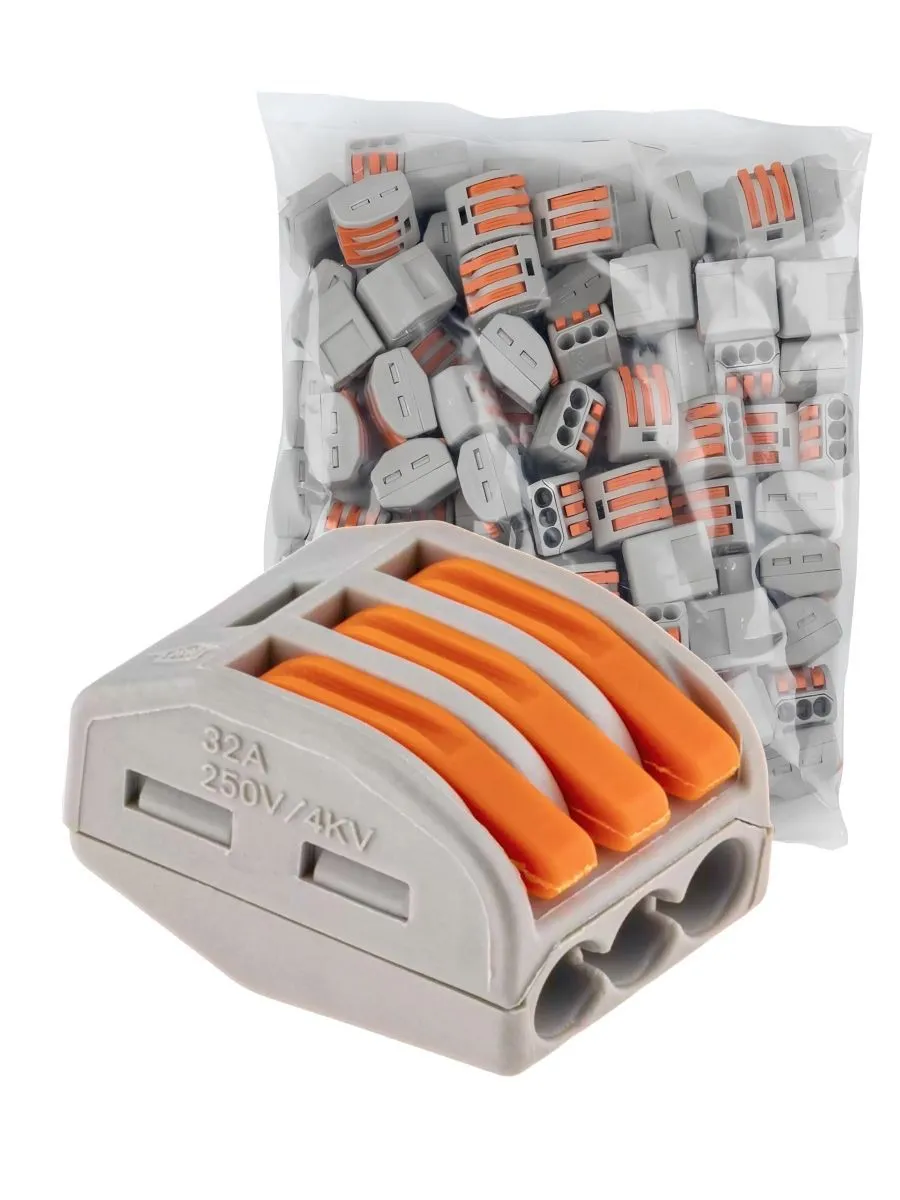 Клемма строительно-монтажная СМК 413 с рычагом, 3-проводная (100шт/уп) DEKRON 1008-0008