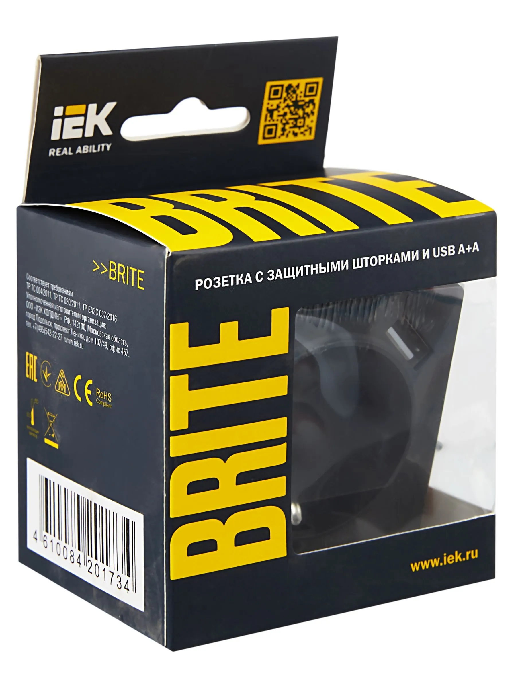 BRITE Розетка 1-местная с заземлением с защитными шторками 16А с USB A+A 5В 2,1А РЮш10-1-БрГ графит IEK - Фото 8