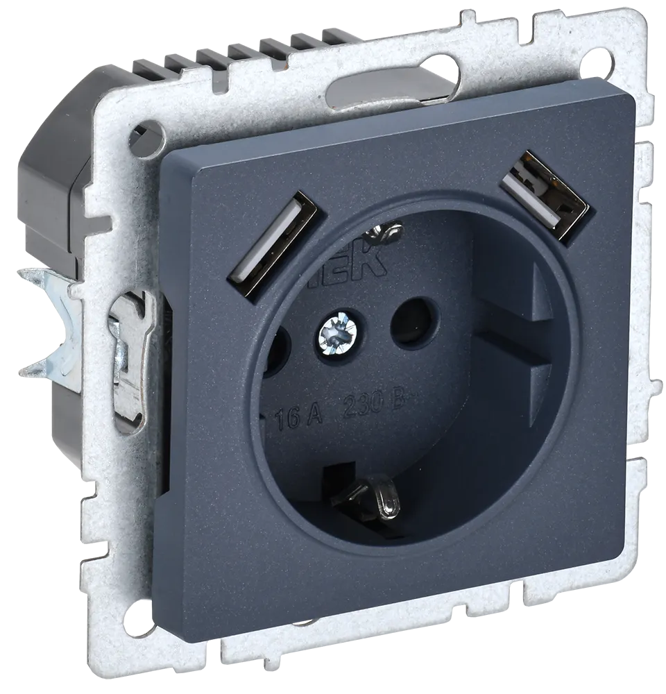 BRITE Розетка 1-местная с заземлением с защитными шторками 16А с USB A+A 5В 2,1А РЮш10-1-БрМ маренго IEK