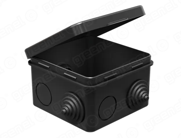 Коробка распаячная для о/п 80х80х50мм IP54 (45шт) ЧЕРНАЯ с откидной крышкой, 7 гермовводов. 4 сальни