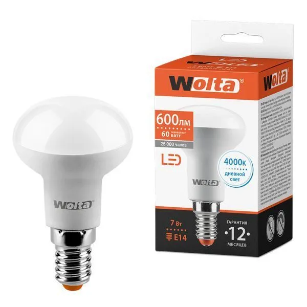 Лампа светодиодная "Рефлектор-R50" 7Вт 600лм 4000К E14 (50шт/уп) WOLTA