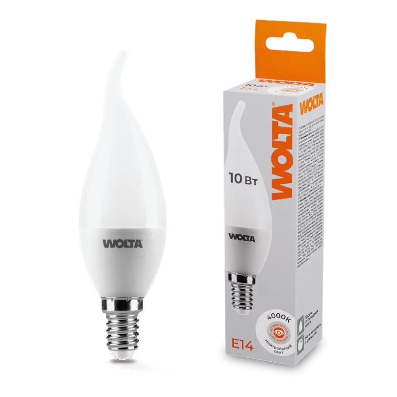 Лампа светодиодная "Свеча на ветру-CD37" 10Вт 825лм 4000К Е14 (50шт/уп) WOLTA