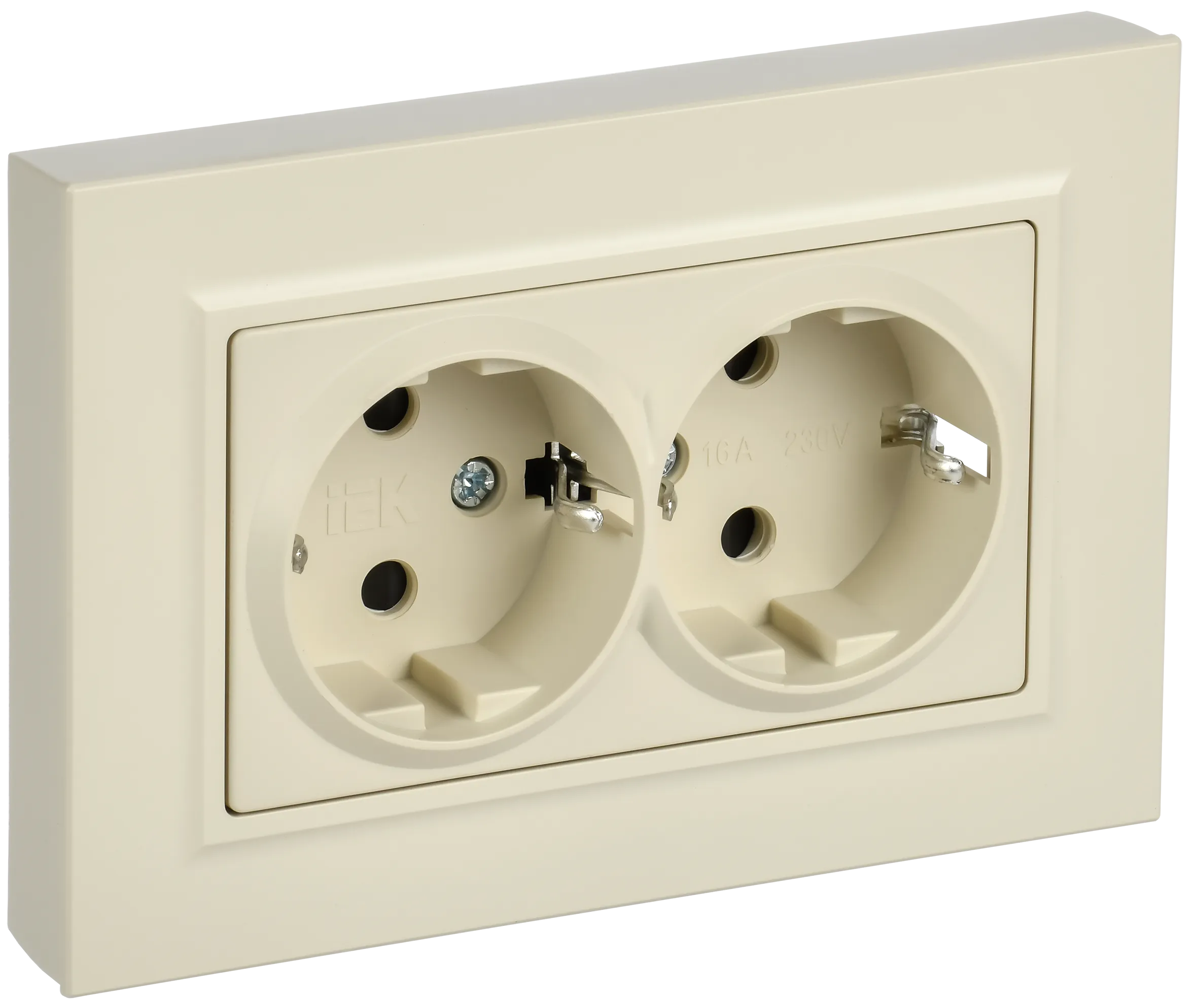 BRITE Розетка 2-местная с заземлением с защитными шторками плоская 16А в сборе РСшПл12-3-БрКр бежевый IEK
