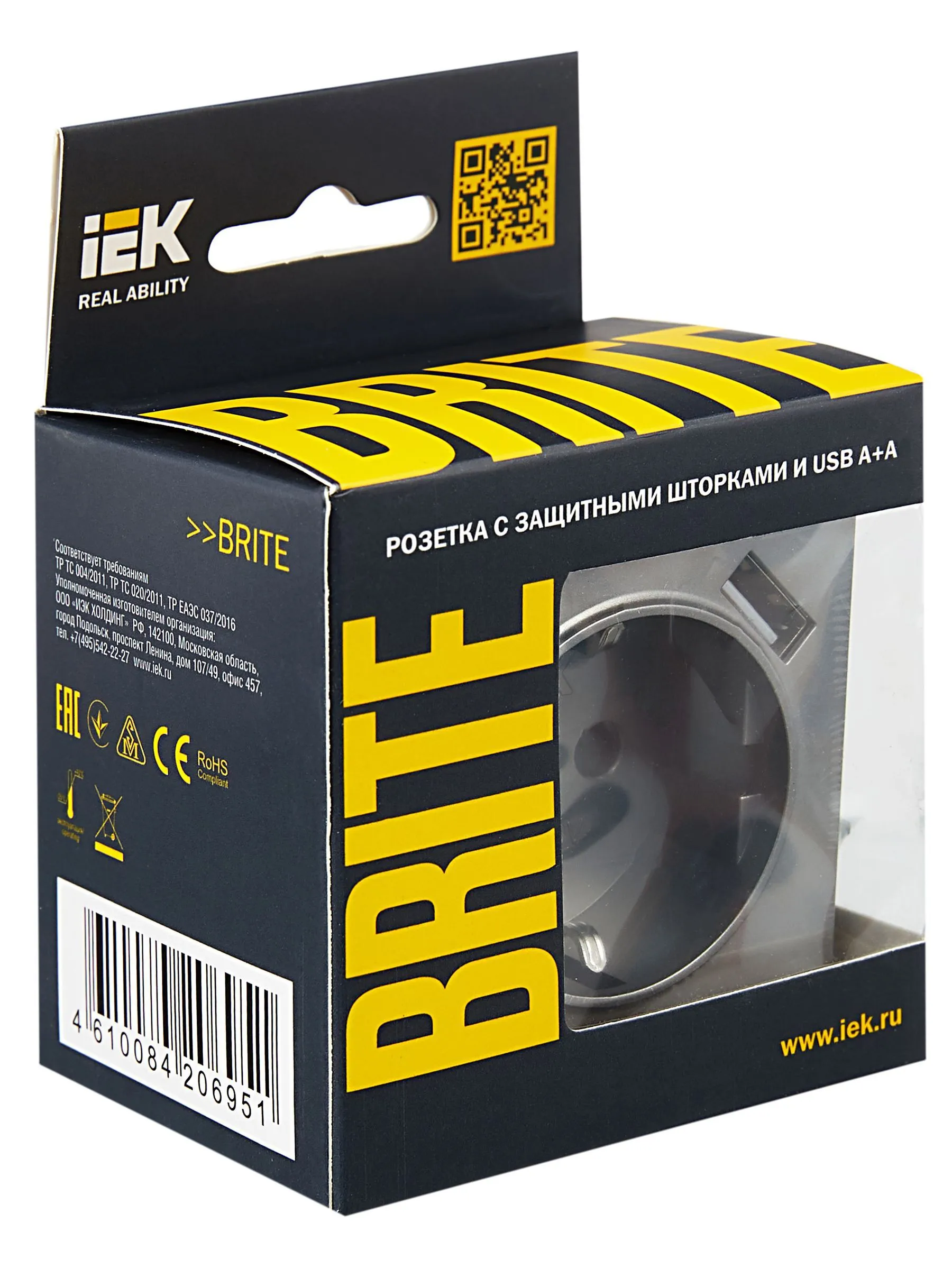 BRITE Розетка 1-местная с заземлением с защитными шторками 16А с USB A+A 5В 2,1А РЮш10-1-БрС сталь IEK - Фото 4
