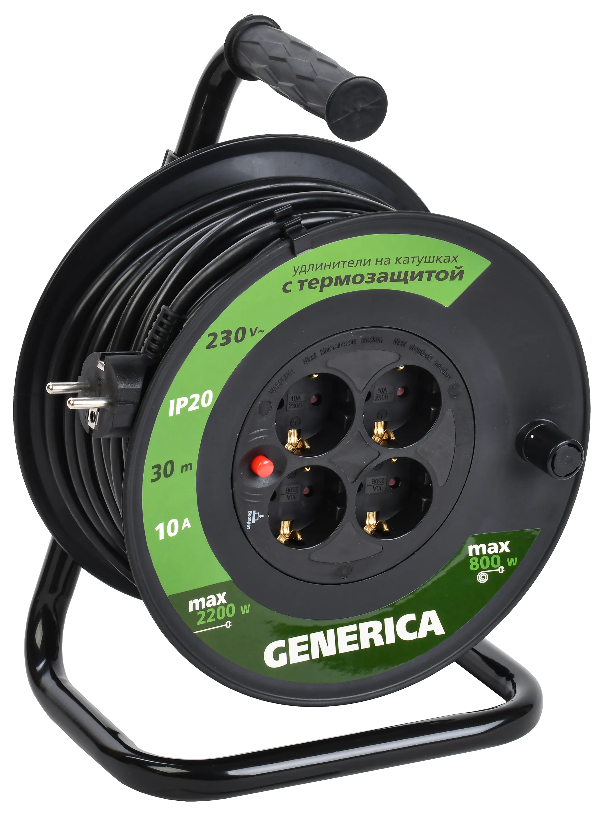 Катушка УК30 с термозащитой 4 места 2P+PE/30м 3х1,0мм2 GENERICA WKP10-10-04-30-G