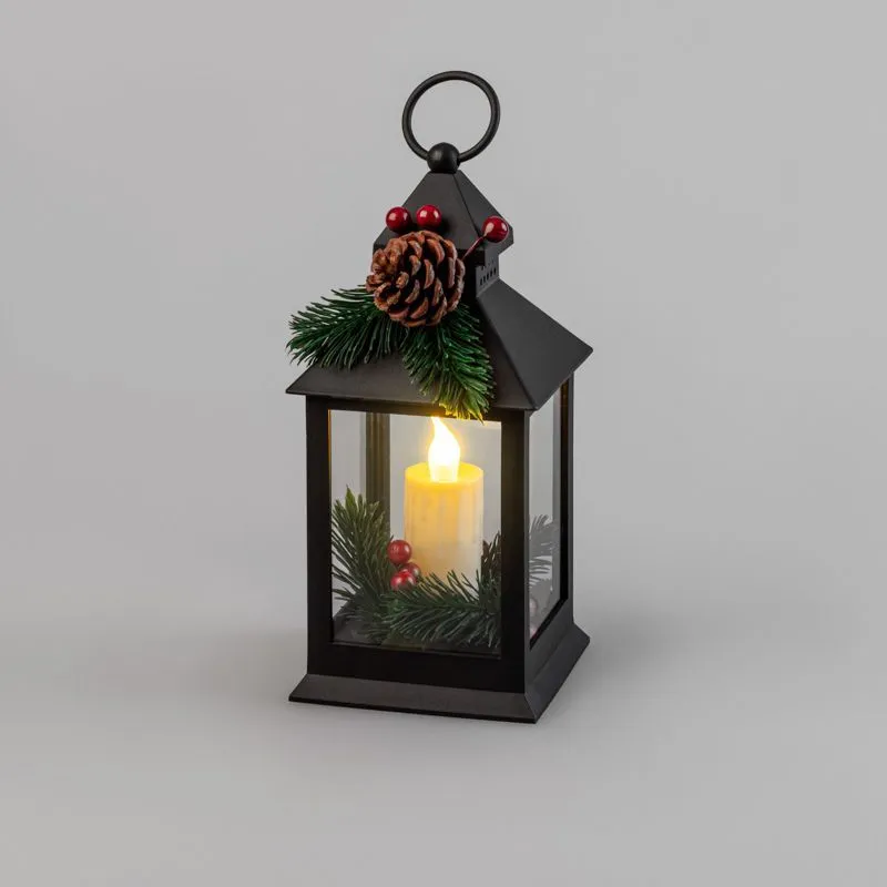 Декоративный фонарь со свечкой и шишкой, черный корпус, размер 10,7x10,7x23,5 см, цвет теплый белый 513-047