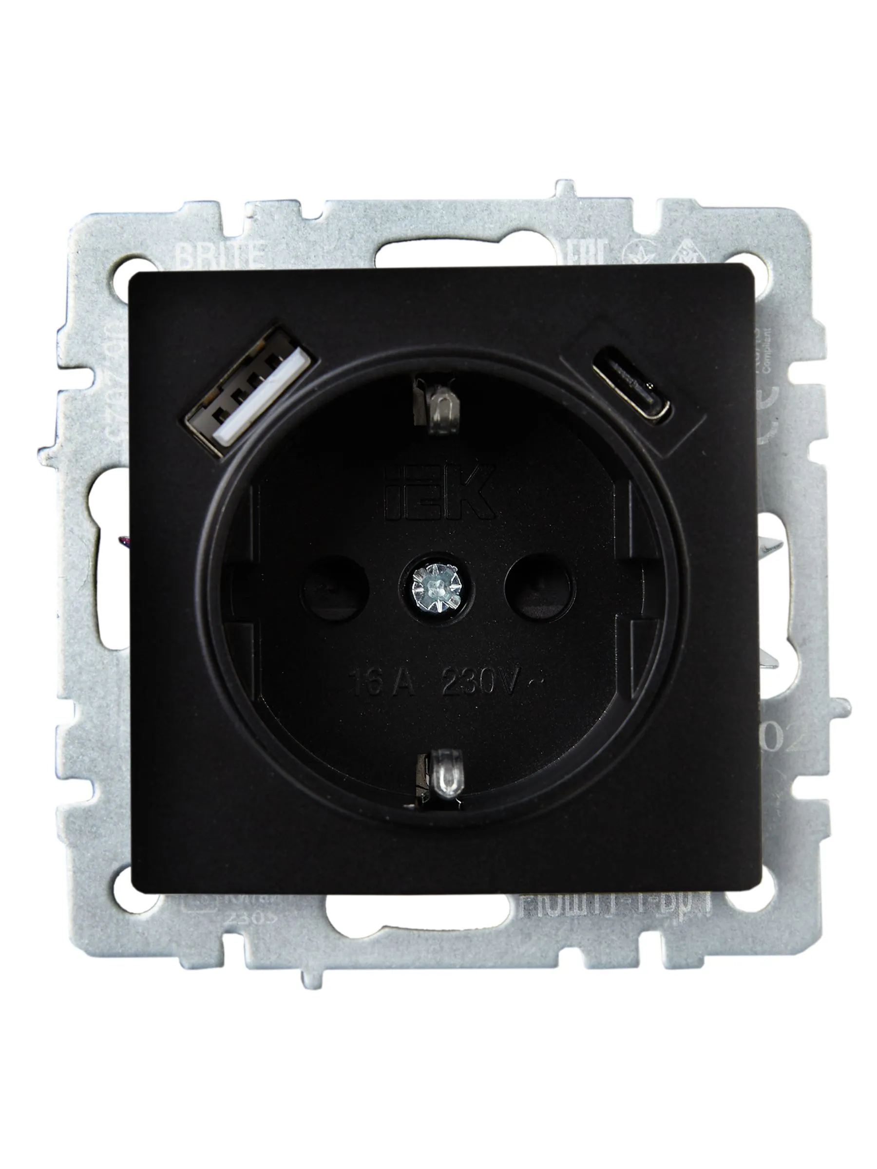 BRITE Розетка 1-местная с заземлением с защитными шторками 16А с USB A+C 18Вт РЮш11-1-БрЧ черный IEK - Фото 8