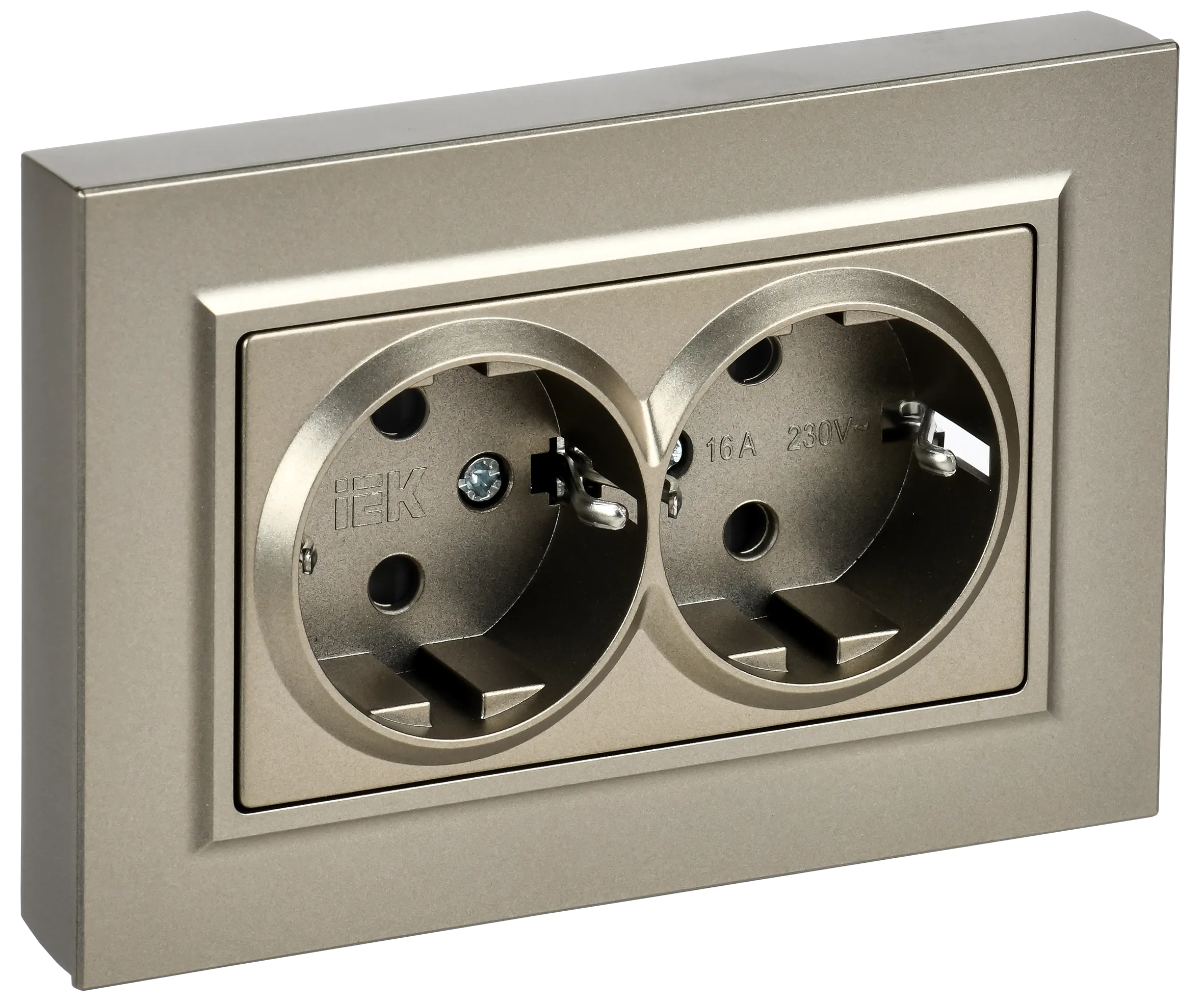 BRITE Розетка 2-местная с заземлением с защитными шторками плоская 16А в сборе РСшПл12-3-БрШ шампань IEK