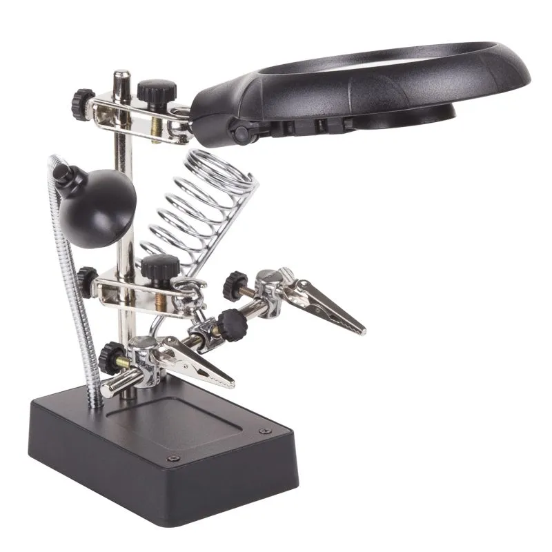 Держатель Третья рука, 2 зажима, лупа 90мм (2.5х) + 2х34мм, подставка паяльника, LED подсветка REXANT 12-0250