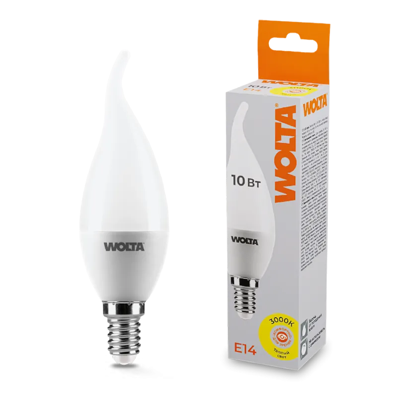 Лампа светодиодная "Свеча на ветру-CD37" 10Вт 825лм 3000К Е14 (50шт/уп) WOLTA