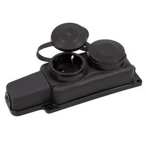 Розетка РП-16-232 двухместная каучуковая переносная с заземляющим контактом брызгозащищенная черная РП-16-232