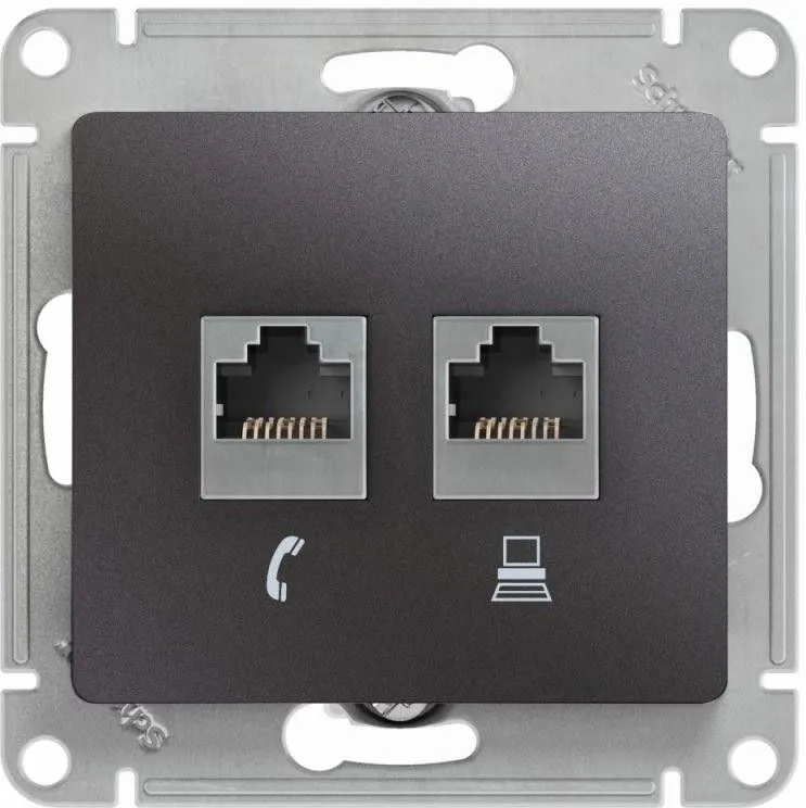 Розетка компьютерная + телефонная 2-м Glossa RJ45 + RJ11 кат.5E механизм графит SE GSL001385