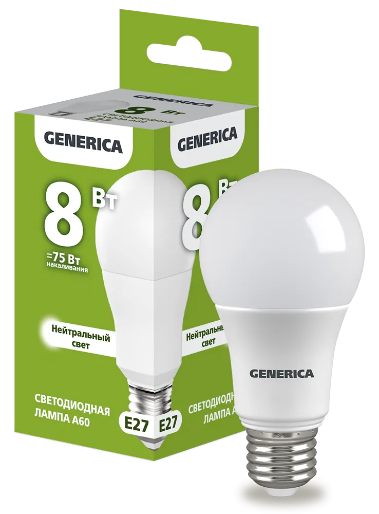 Лампа светодиодная A60 груша 8Вт 230В 4000К E27 GENERICA LL-A60-08-230-40-E27-G