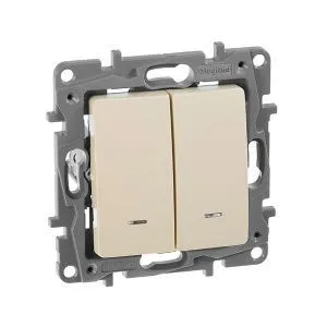 ETIKA Выключатель 2-клавишный с подсветкой/индикацией схема 5L 10АХ безвинтовые зажимы слоновая кость 672304