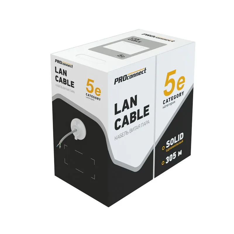 Кабель витая пара U/UTP, CAT 5e, PVC, 2PR, 24AWG, INDOOR, SOLID, серый, 305м PROconnect - Фото 2