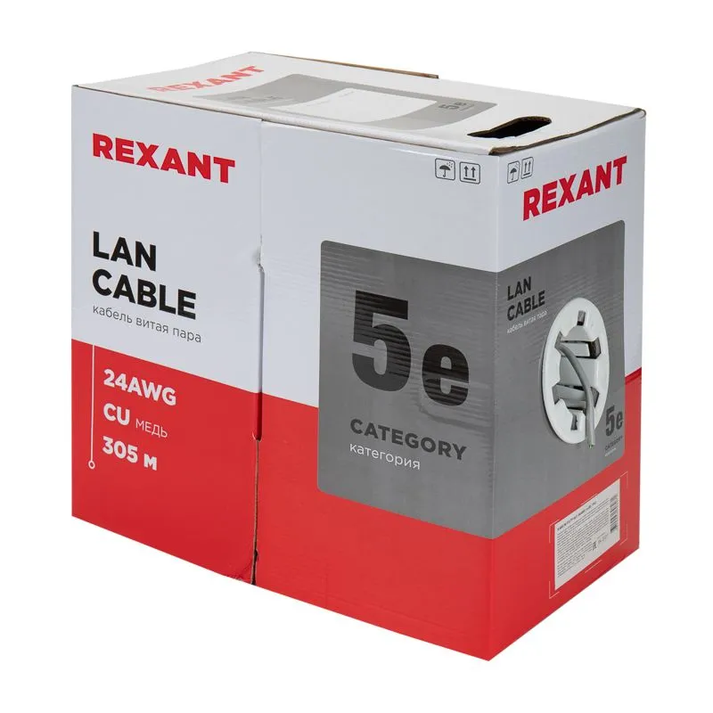 Кабель витая пара F/UTP, CAT 5e, PVC, 4PR, 24AWG, INDOOR, SOLID, серый, 305м, REXANT - Фото 3