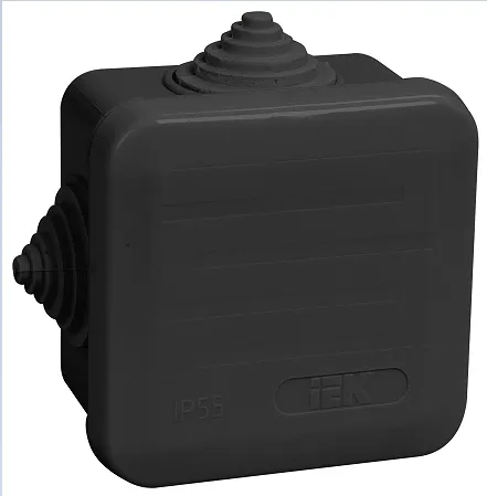 Коробка распаячная КМ41236 для открытой проводки с защелкивающейся крышкой безгалогенная (HF) 70х70х40мм IP44 4 гермовводов черная (RAL 9005) IEK