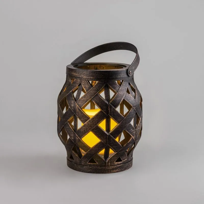 Декоративный фонарь со свечкой, плетеный корпус, бронза, размер 14х14х16,5 см, цвет теплый белый 513-055