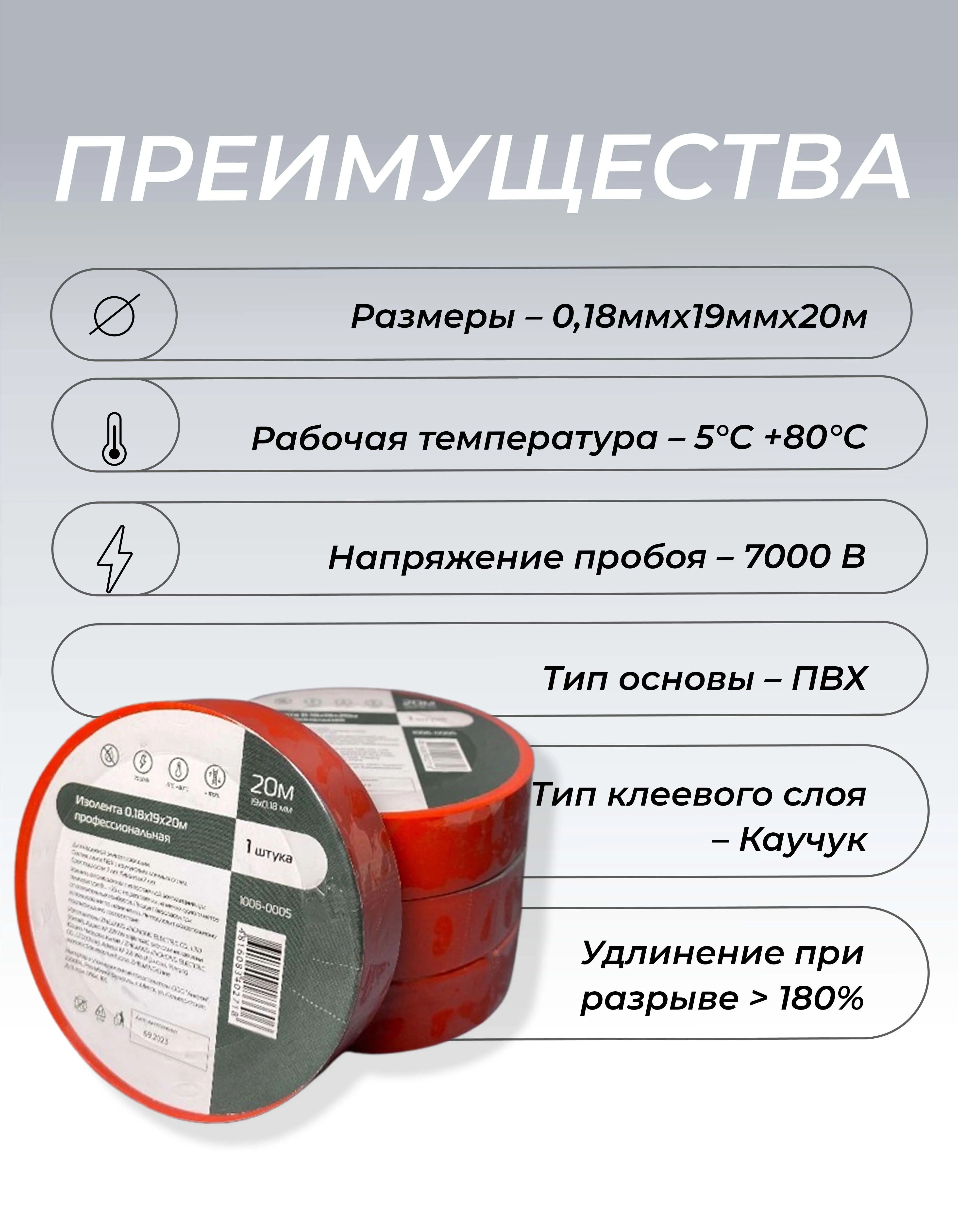 Изолента ПВХ 0,18х19мм, 20м профессиональная красная (10шт/уп) DEKRON - Фото 2