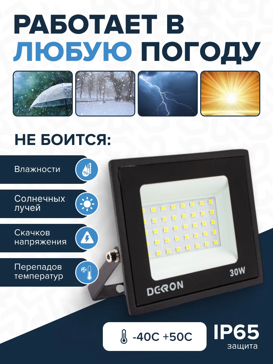 Прожектор светодиодный 30Вт, 2400лм, 6500K, черный,IP65 - Фото 3