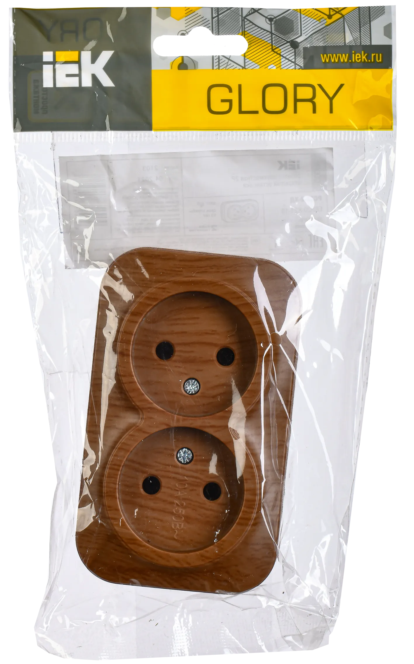 GLORY Розетка 2-местная для открытой установки без заземления без защитных шторок 10А РС22-2-ХД дуб IEK - Фото 2