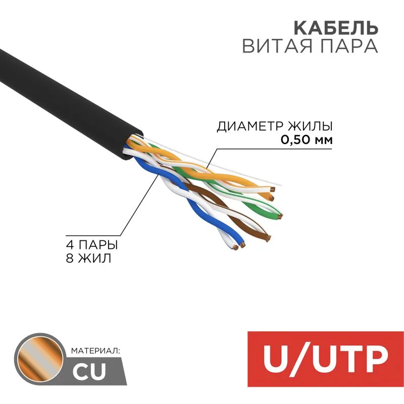 Кабель витая пара U/UTP, CAT 5e, PE, 4PR, 24AWG, OUTDOOR, SOLID, черный, 305м, РФ REXANT 01-0045-R