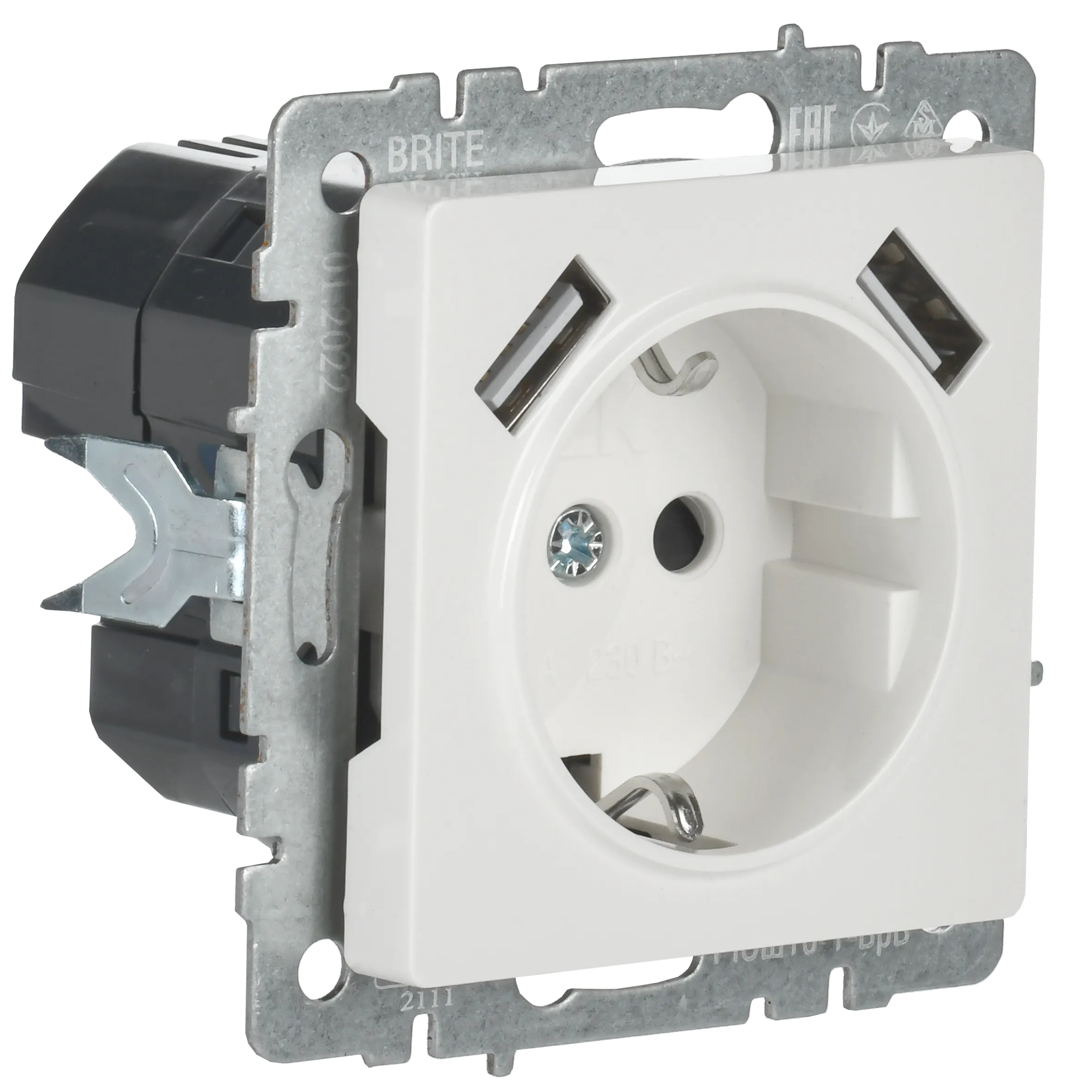 BRITE Розетка 1-местная с заземлением с защитными шторками 16А с USB A+A 5В 2,1А РЮш10-1-БрБ белый IEK - Фото 7