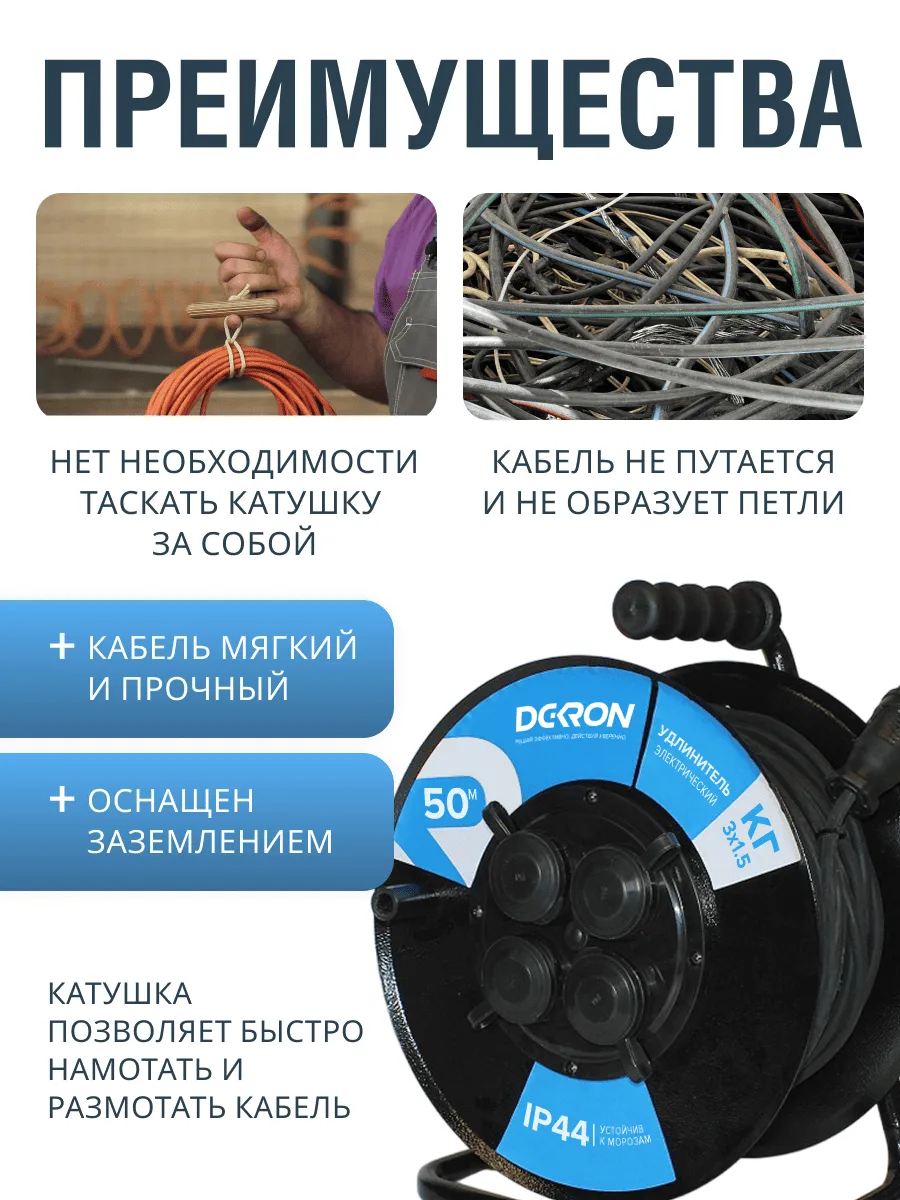 Удлинитель УКМ-44 силовой на катушке 4 гн. КГ-ХЛ 3х1,5 50м IP44 (катушка металл) 16А 3500Вт - Фото 3