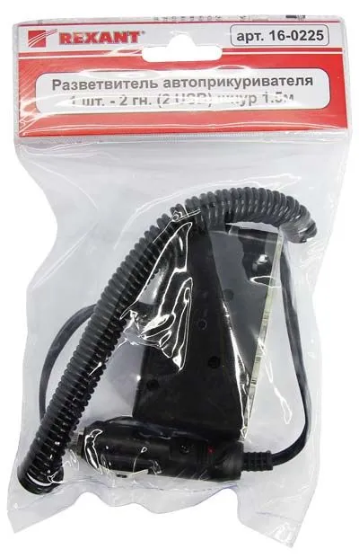 Разветвитель автоприкуривателя  2 гнезда 2хUSB (5 V 1000 mA) шнур спираль 1.5 м  REXANT - Фото 2