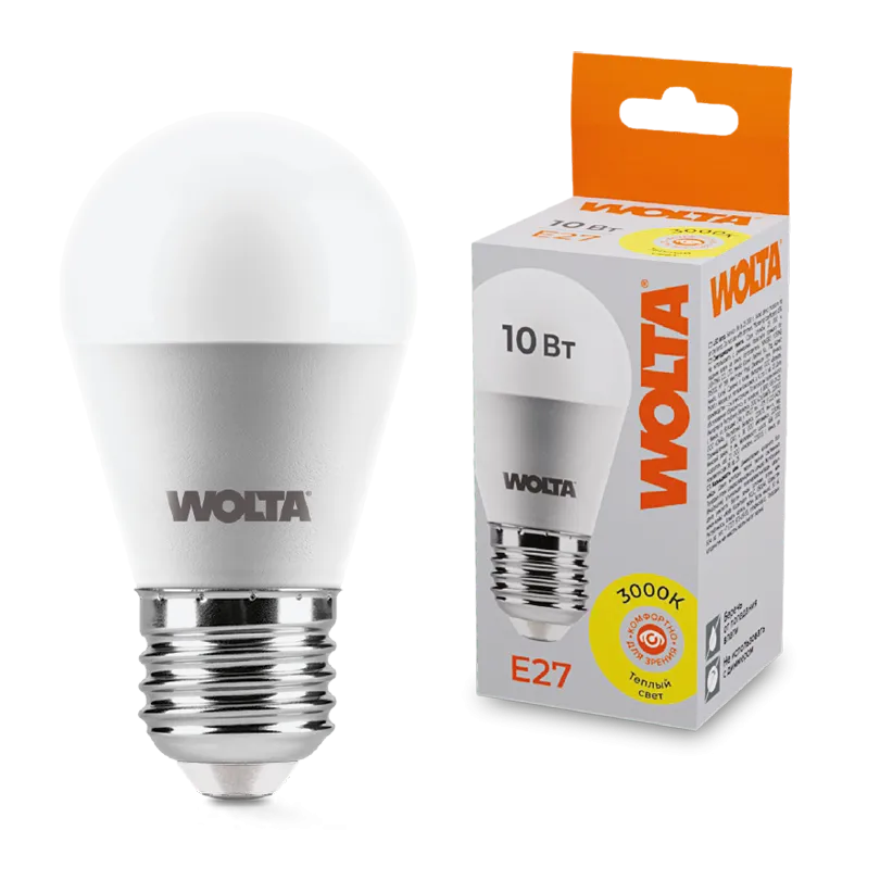 Лампа светодиодная "Шар G45" 10Вт 800лм 3000К Е27 (50шт/уп) WOLTA
