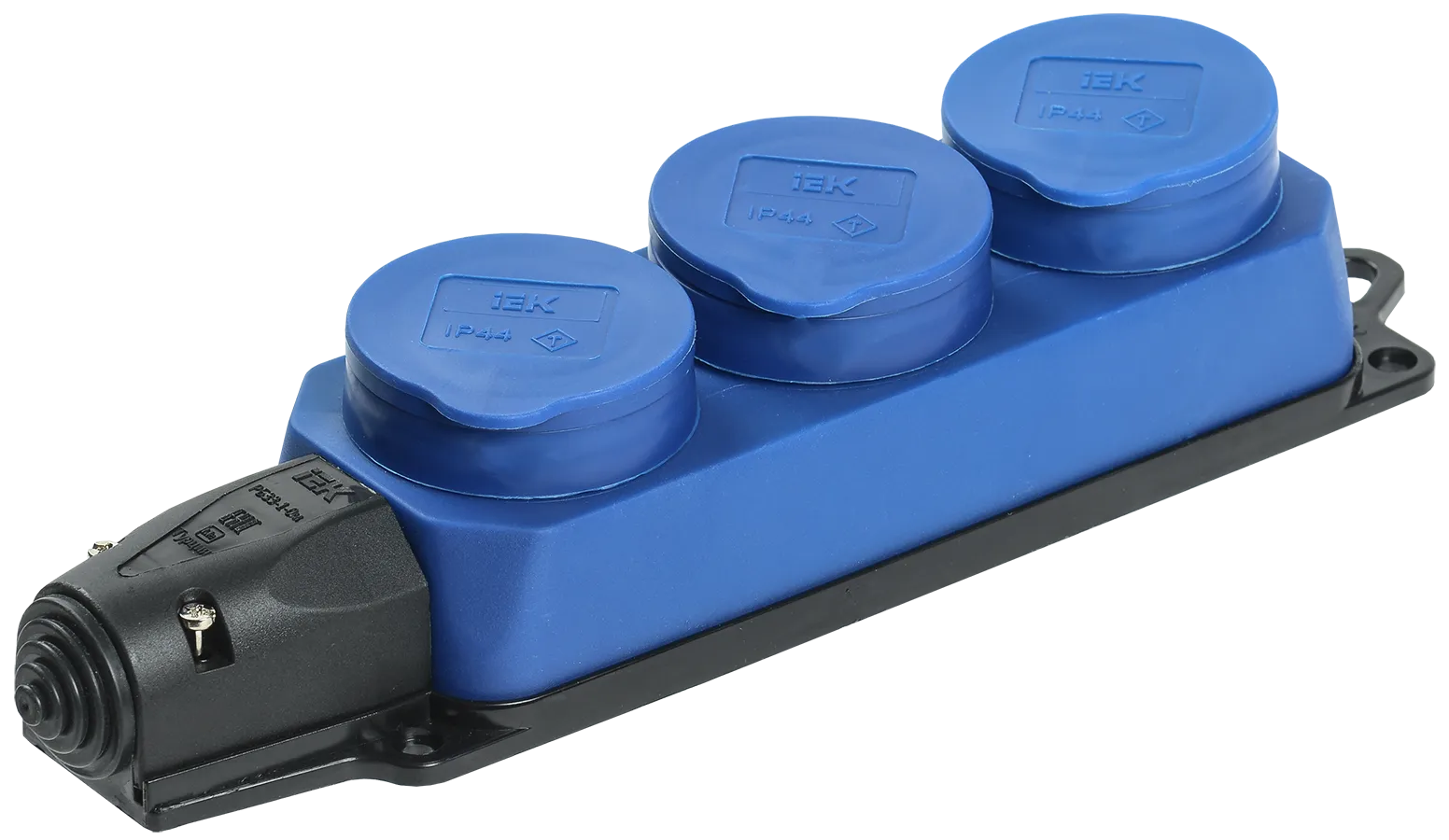 Розетка (колодка) 3-местная РБ33-1-0м с защитными крышками IP44 ОМЕГА каучук синяя IEK