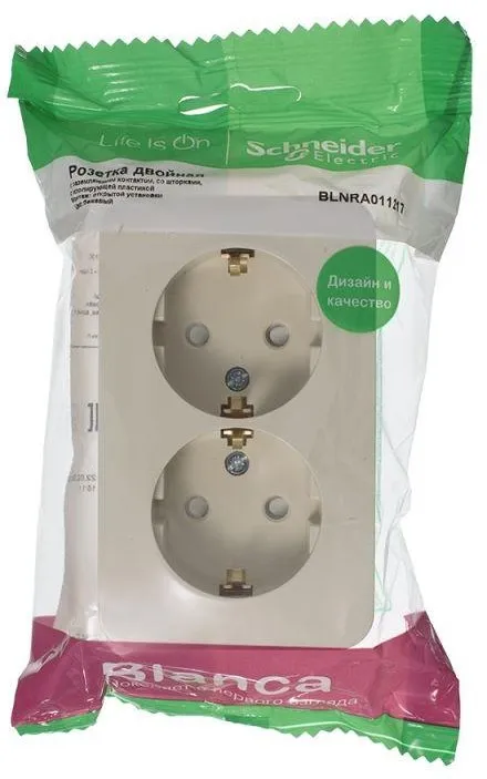 Розетка 2-м ОП Blanca 16А IP20 250В с заземл. защ. шторки с изолир. пластиной беж. SE BLNRA011217 - Фото 3