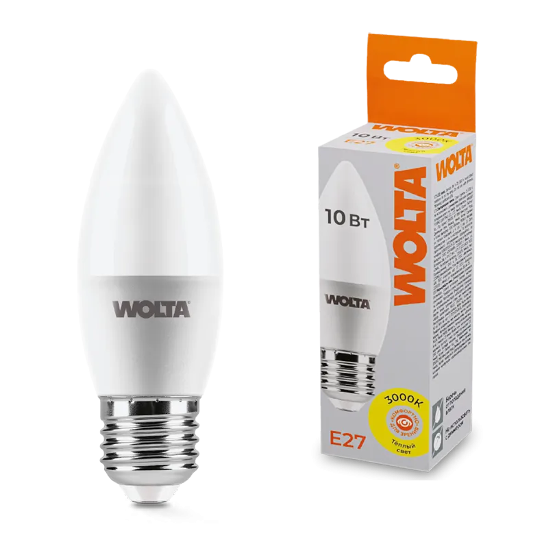 Лампа светодиодная "Свеча-C37" 10Вт 800лм 3000К Е27 (50шт/уп) WOLTA