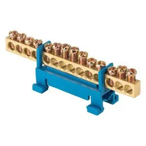 Шина "0" N (6x9мм) 14 отв. латунь синий изолятор тип "Стойка" на DIN-рейку розн. стикер EKF sn0-63-14-sb-r