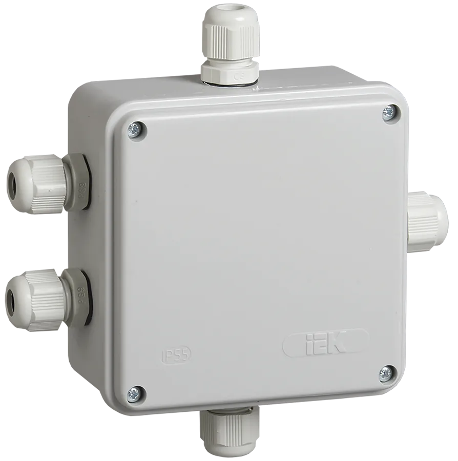 Коробка распаячная КМ41330 для открытой проводки безгалогенная (HF) 100х100х50мм IP55 5 гермовводов PG9 серая IEK UKO10-100-100-050-K51-55