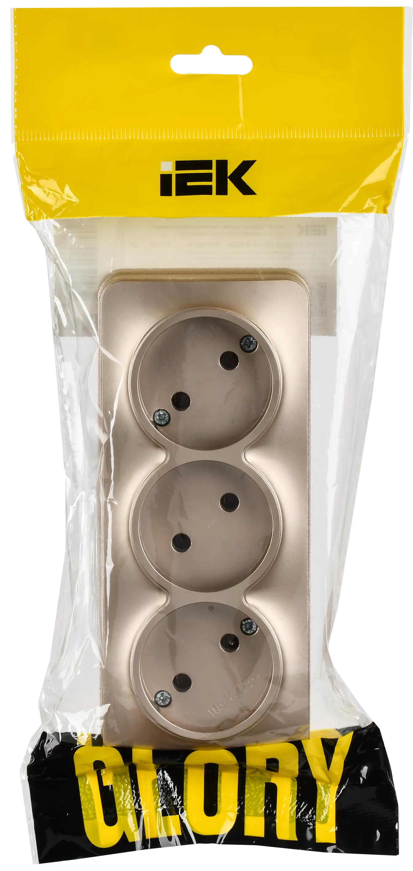 GLORY Розетка 3-местная для открытой установки без заземления без защитных шторок 10А РС23-2-ХШм шампань матовый IEK - Фото 2