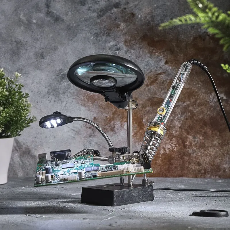 Держатель Третья рука, 2 зажима, лупа 90мм (2.5х) + 2х34мм, подставка паяльника, LED подсветка REXANT - Фото 2