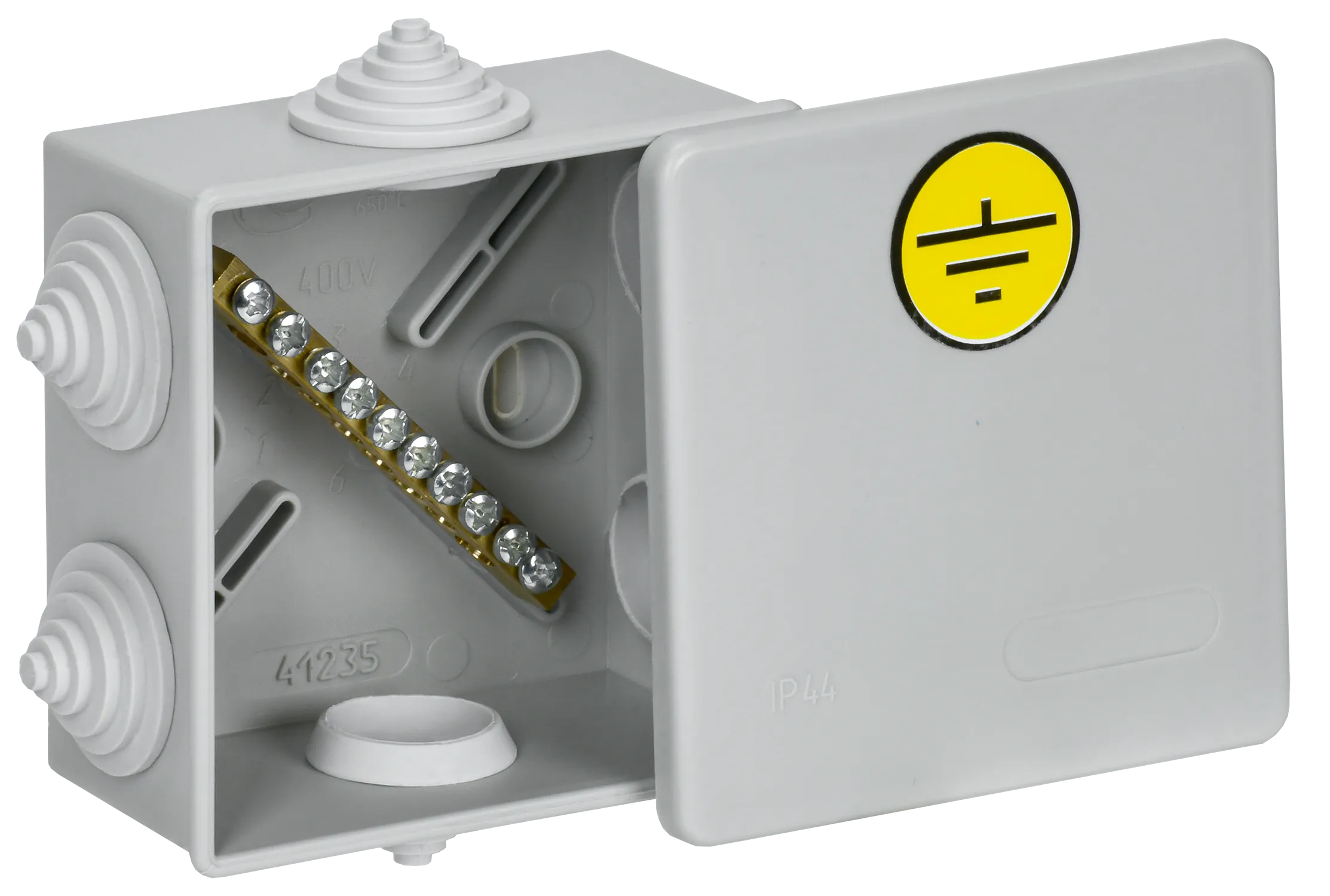 Коробка уравнивания потенциалов КУП 85х85х40мм IP44 КМ41360 с защелкивающейся крышкой безгалогенная (HF) 6 гермовводов (RAL 7035) IEK