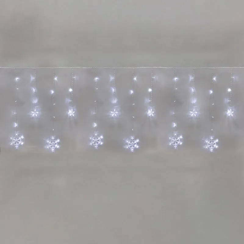 Гирлянда Бахрома со снежинками 2,4х0,9м, 150LED БЕЛЫЙ, прозрачный ПВХ, IP20, свечение с динамикой, 230В, не соединяется, с контроллером 8 режимов 255-075