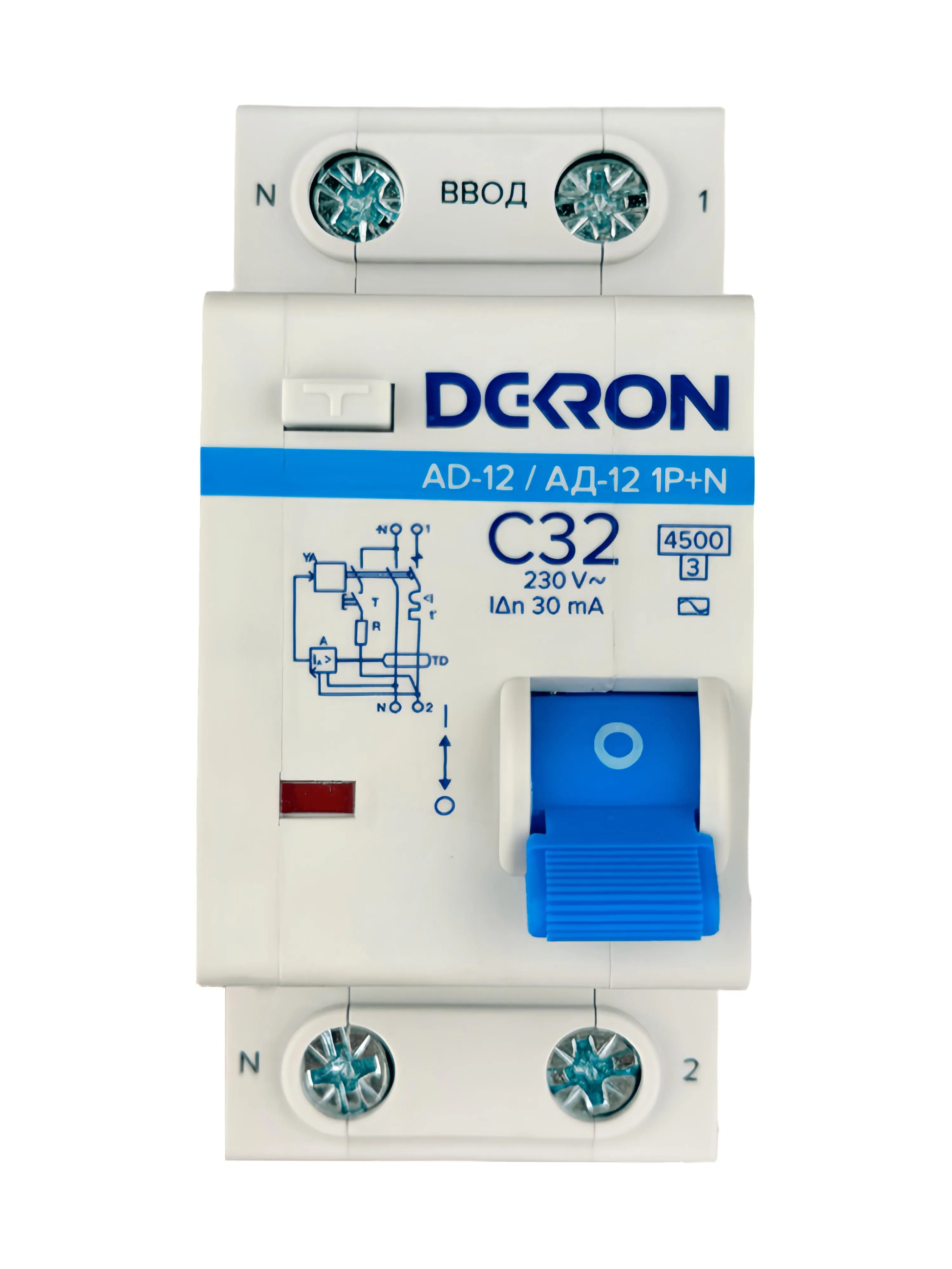 Автоматический выключатель дифференциального тока АД12 1P+N С32A АС30мА 4.5KA ad12-2-C32-30AC-dek