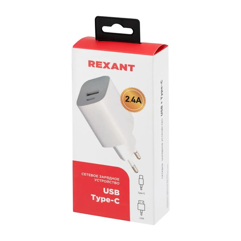 Сетевое зарядное устройство REXANT USB + Type-C, 5V, 2.4 A, белое - Фото 3
