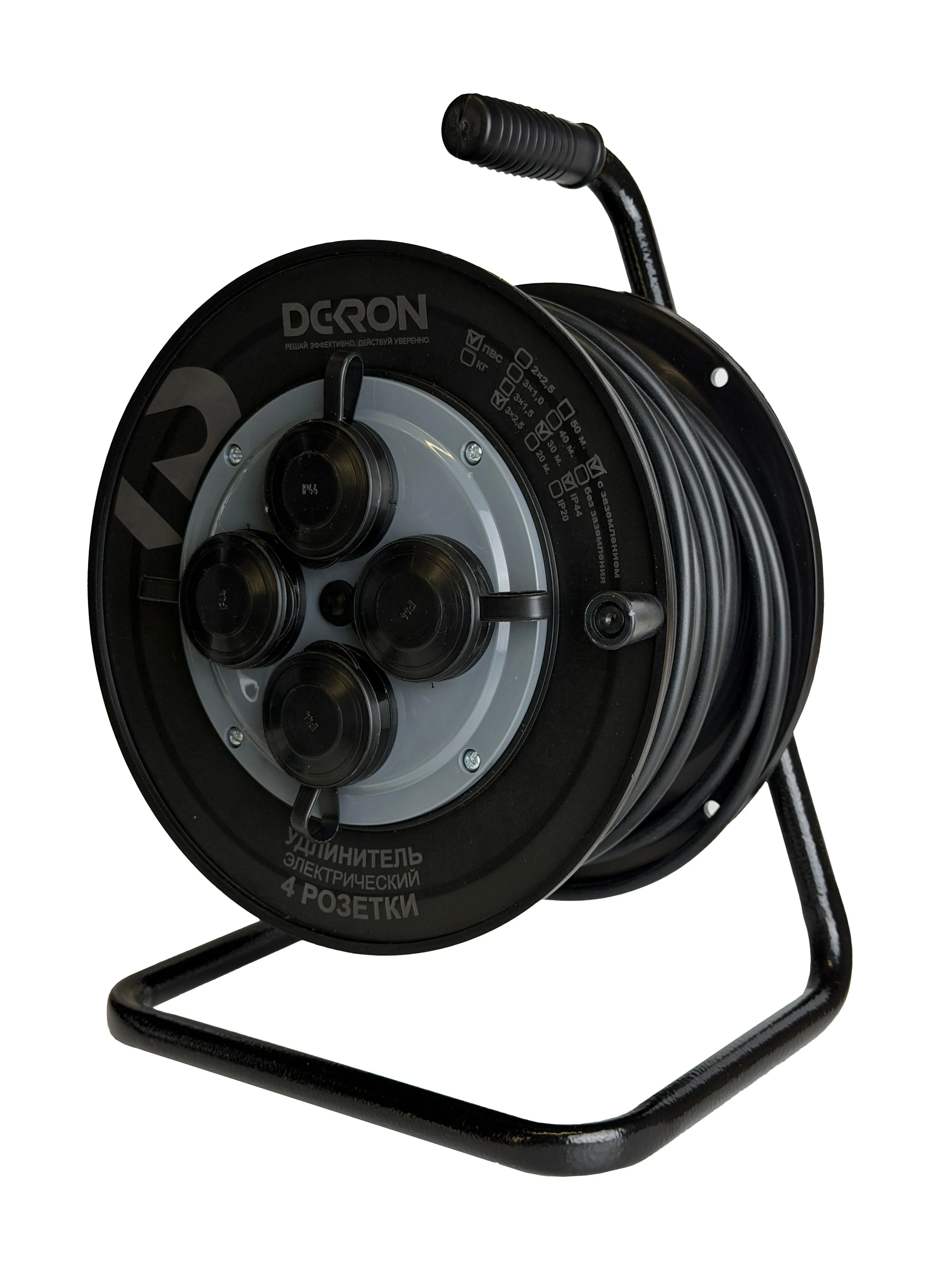 Удлинитель силовой ПВС 3х2,5 30м, на катушке (пластик), 4 гнезда с заземлением и крышками, 16А, IP44 DEKRON - Фото 2