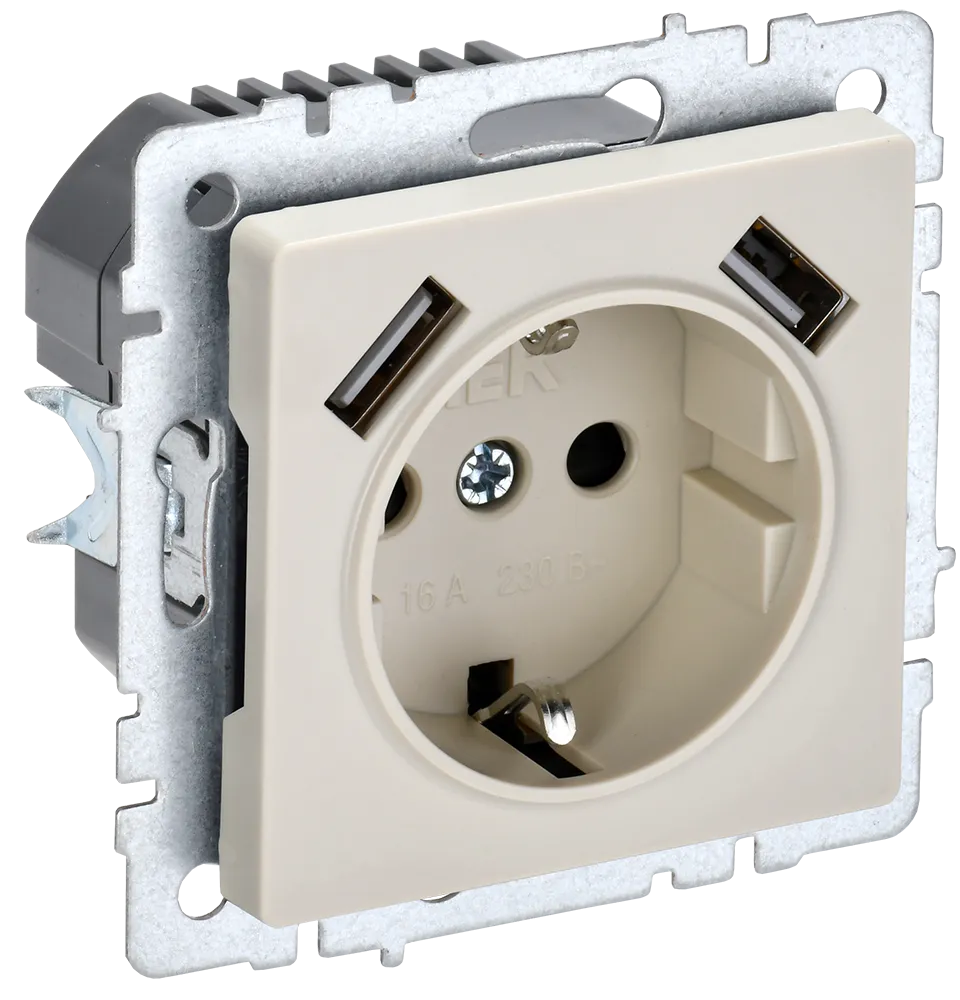 BRITE Розетка 1-местная с заземлением с защитными шторками 16А с USB A+A 5В 2,1А РЮш10-1-БрКр бежевый IEK