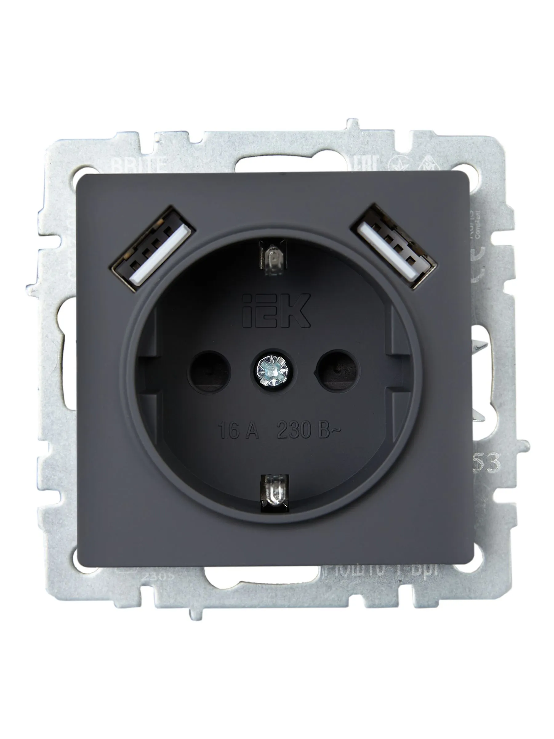 BRITE Розетка 1-местная с заземлением с защитными шторками 16А с USB A+A 5В 2,1А РЮш10-1-БрГ графит IEK - Фото 3