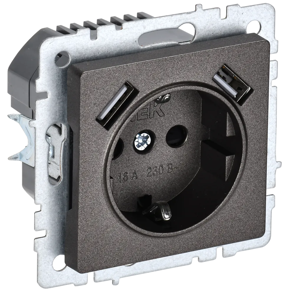 BRITE Розетка 1-местная с заземлением с защитными шторками 16А с USB A+A 5В 2,1А РЮш10-1-БрТБ темная бронза IEK BR-R14-16-U21-D21-K45