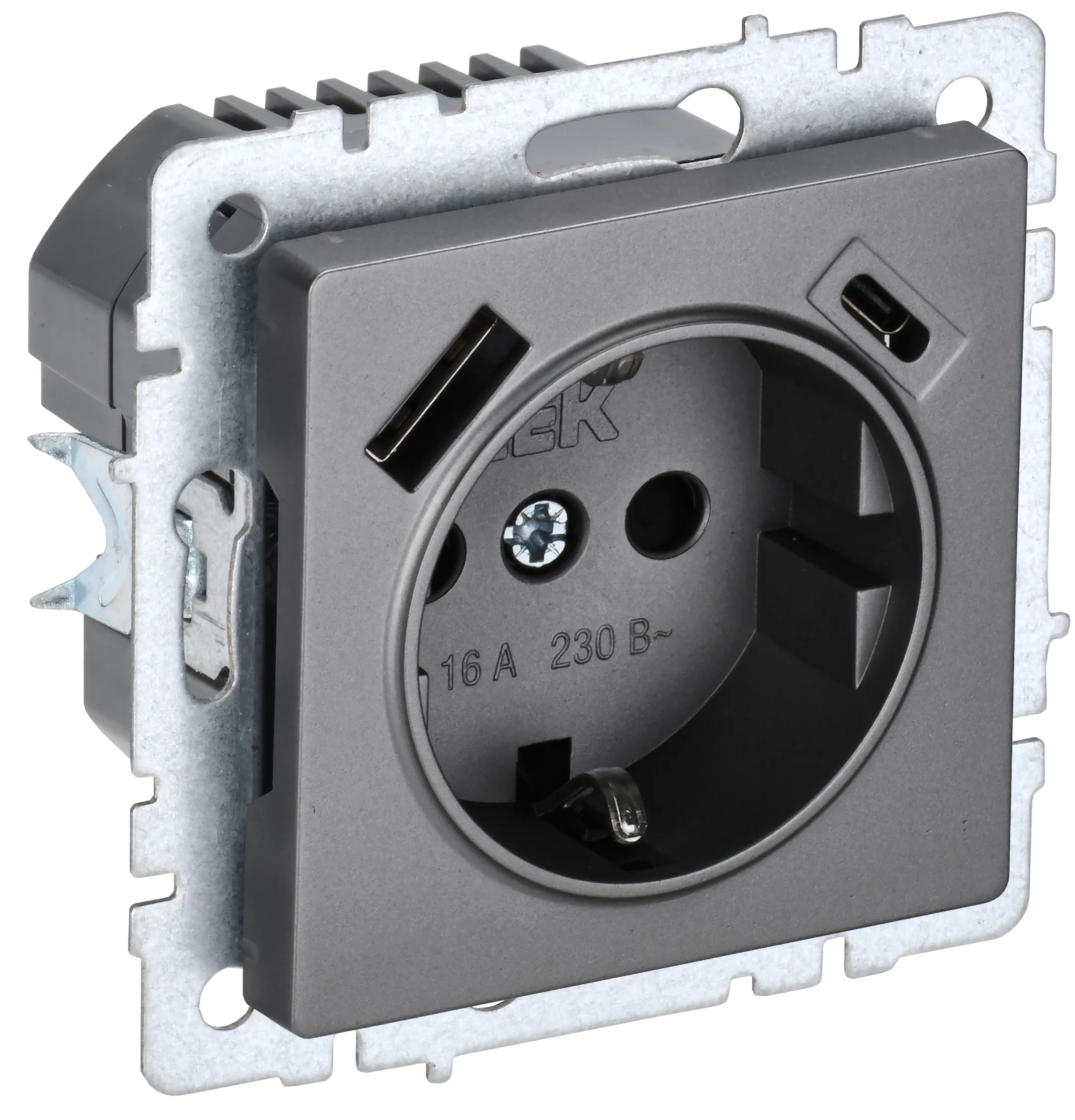 BRITE Розетка 1-местная с заземлением с защитными шторками 16А с USB A+C 18Вт РЮш11-1-БрС сталь IEK