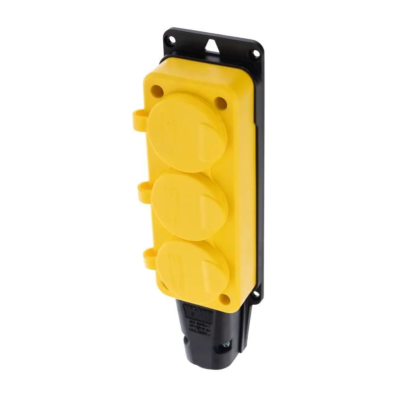 Розетка (колодка) влагозащищенная с крышкой 3 гнезда, с/з, 16А, IP54, каучук, желтая REXANT - Фото 3