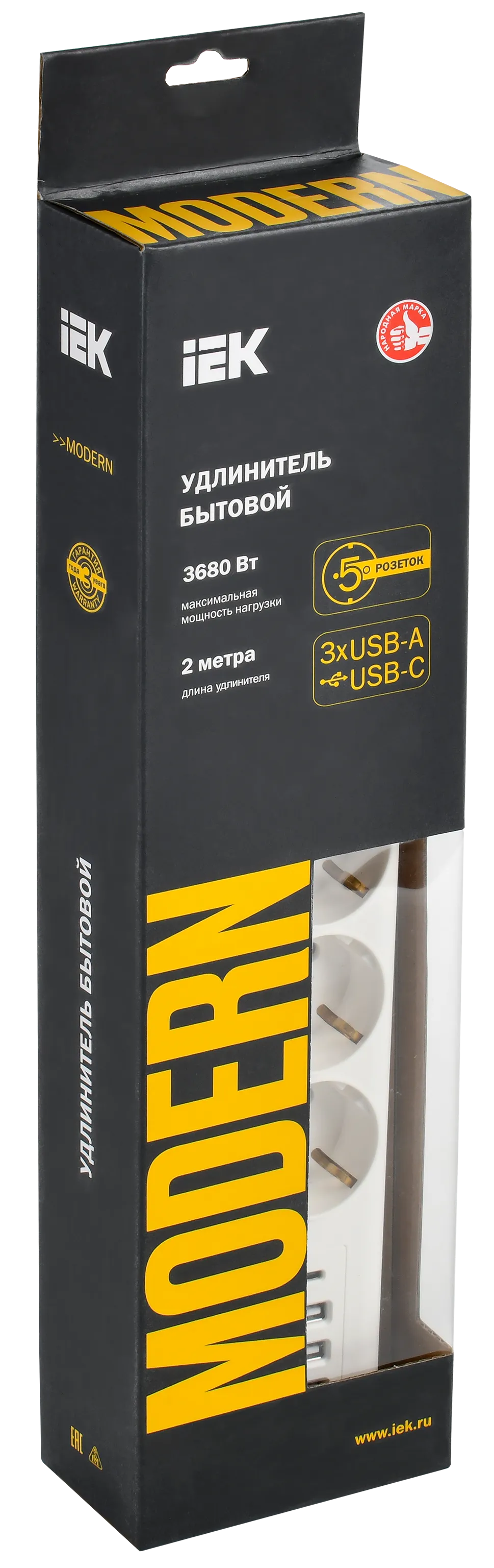 MODERN Удлинитель У05В 5 мест с заземляющим контактом 2м 3х1мм2 16А/250В USBх4 белый IEK - Фото 2