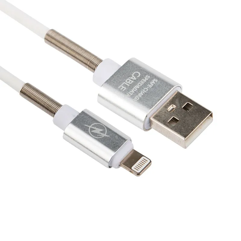 USB кабель для iPhone 5/6/7/8/Х моделей, белый силикон, 1 метр  (с пружиной) REXANT - Фото 2