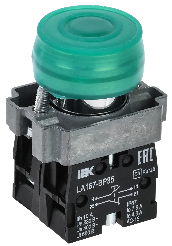 Кнопка управления LA167-BP35 d=22мм 1з+1р зеленая IEK